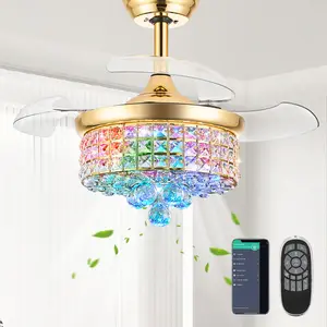 30" Retractable Crystal Ceiling Fan with Light,RGB Modern Fandelier 6 Speeds Reversible Blades Dimmable Chandelier Ceiling Fan with Remote App Control Memory Timer Gold