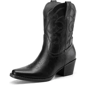 Athlefit Women's Cowboy Cowgirl Ankle Boots Square Toe Low Chunky Heel Embroidery Western Short Booties for Country Concerts