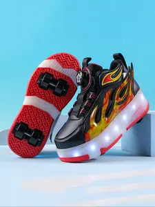 Boys Four-Wheel Roller Skates, New Wheel Sports Shoes, Adjustable Rotating Buckle, LED Light-Up, USB Charging, All Seasons, Four Wheel Design
