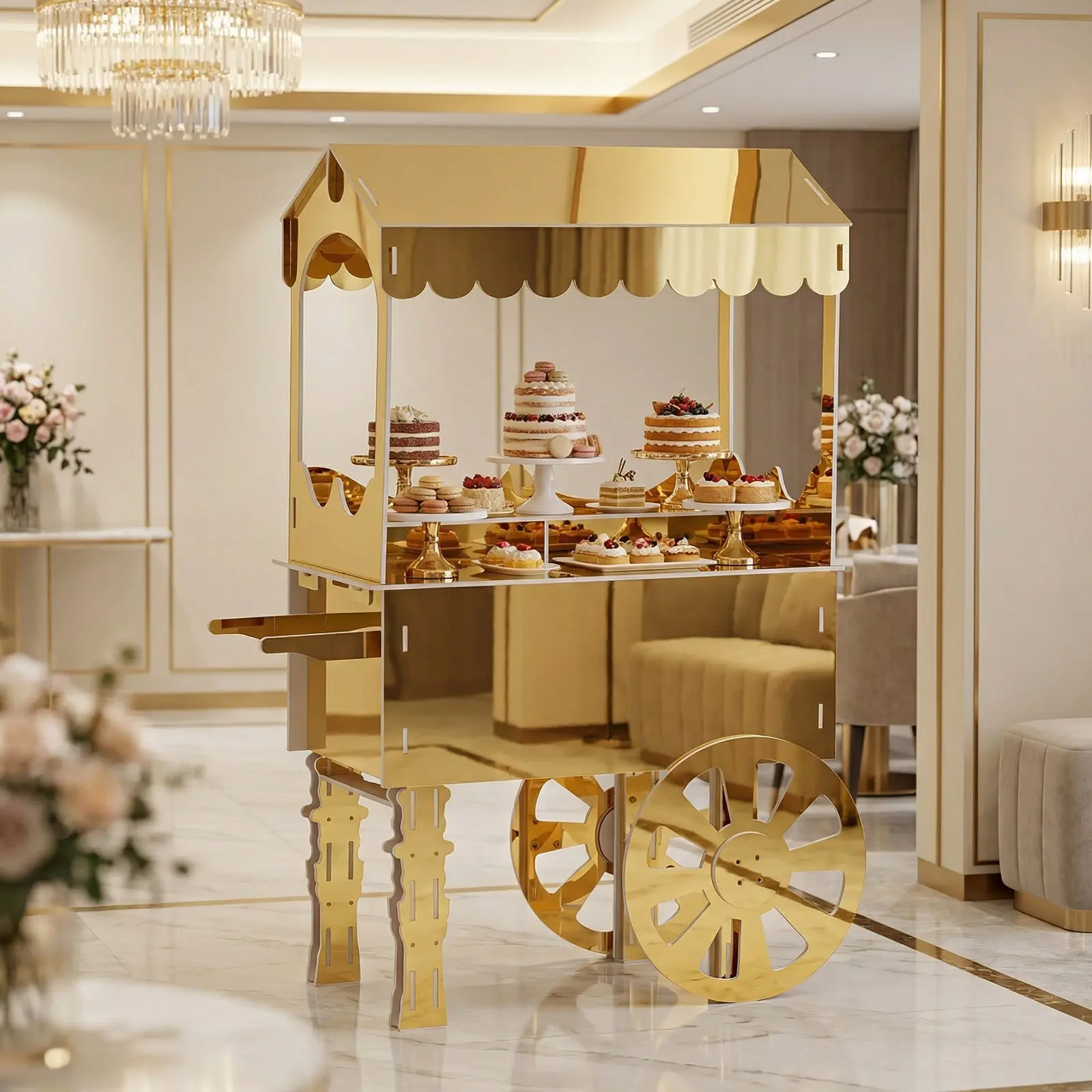 6ft Candy Cart Gold Mirrored Display Stand with Wheels and Shelf, Dessert Cart for Event Decor