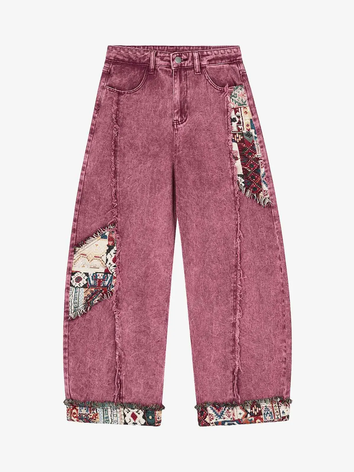 Thesupermade Boho Tapestry Patch Wide-Leg Denim Jeans | Geometric Patchwork High-Rise Streetwear Pants