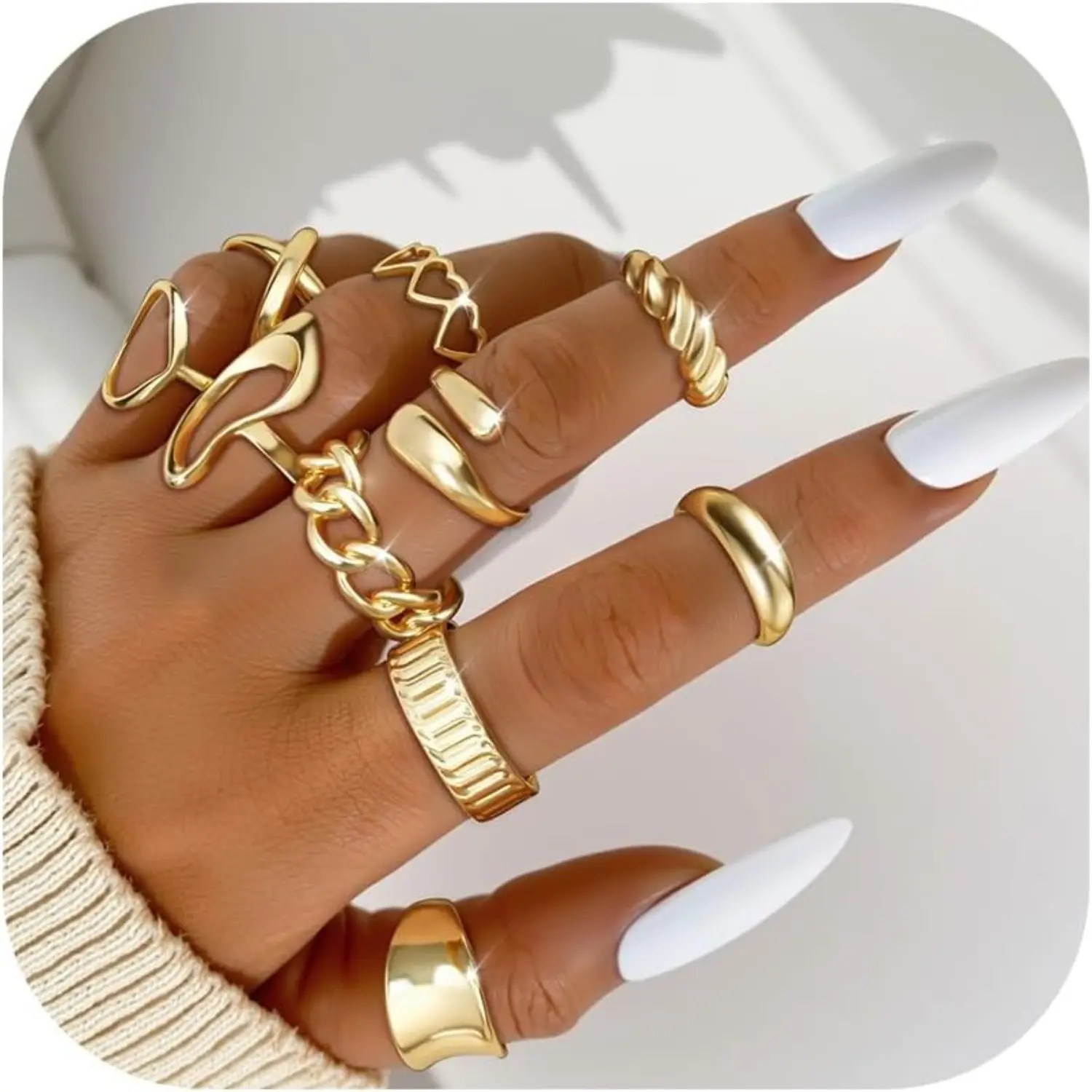 MILACOLATO Women's 10-Piece Elegant Fashion Stacking Ring Set, 18 Karat Plated Non-Tarnish Adjustable Open Chunky Twist Rings, Sizes 6-9 Statement Costume Jewelry, Elegant Fashion Rings