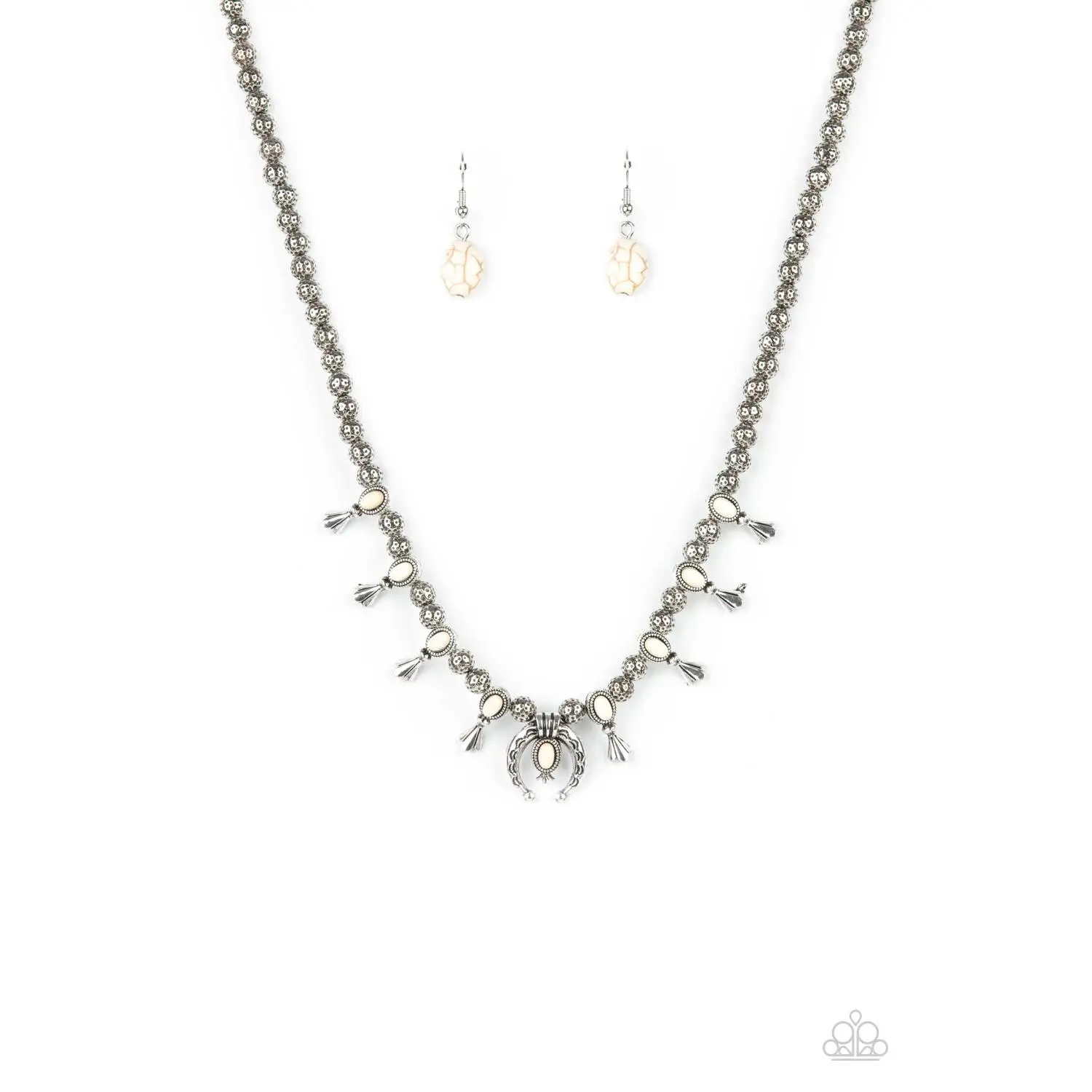 Casual Daily Necklace Set with Silver Flute Accents and Auspicious Horseshoe Charm, Silver-tone Fashion Jewelry with White Stones, Matching Set, Everyday, Oval Frame, Earrings, Pressed Stones, Silver Flutes