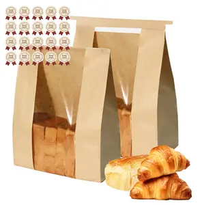 25PCS Sourdough Bread Bags for Homemade Bread Tin Tie Tab Lock Paper Large Bakery Bags with Window for Baked Food Packaging Storage Gift Giving Includes 25PCS Label Seal Stickers 13.7x8.3x3.5in