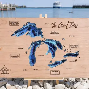 The 5 Great Lakes Depth Map - Geographic Feature with Colorful Design Featuring Lakes Superior, Huron, Lake Michigan, Lake Erie, and Ontario