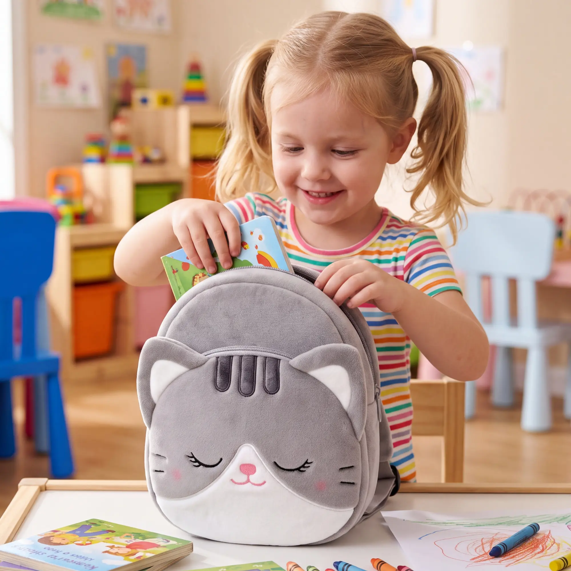 Plush Cat Backpack – Soft Double-Layer Toddler Backpack for Girls 2–6 Ages, Back to School,Lightweight & Practical Baby Bag, Cute Kitty Style School Travel & Nursery Gift, Perfect Birthday & Christmas Present for Kids Stuffed Animal Fluffy Milky Stuffed