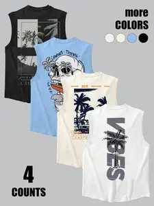 Men's Skull & Palm Tree Print Tank Top, Loose Casual Relax Sleeveless Graphic Vest for Summer, Men's Top for Daily Wear, Sleeveless Printed