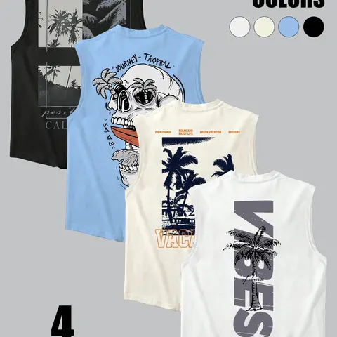 Men's Skull & Palm Tree Print Tank Top, Loose Casual Relax Sleeveless Graphic Vest for Summer, Men's Top for Daily Wear, Sleeveless Loose Design Printed