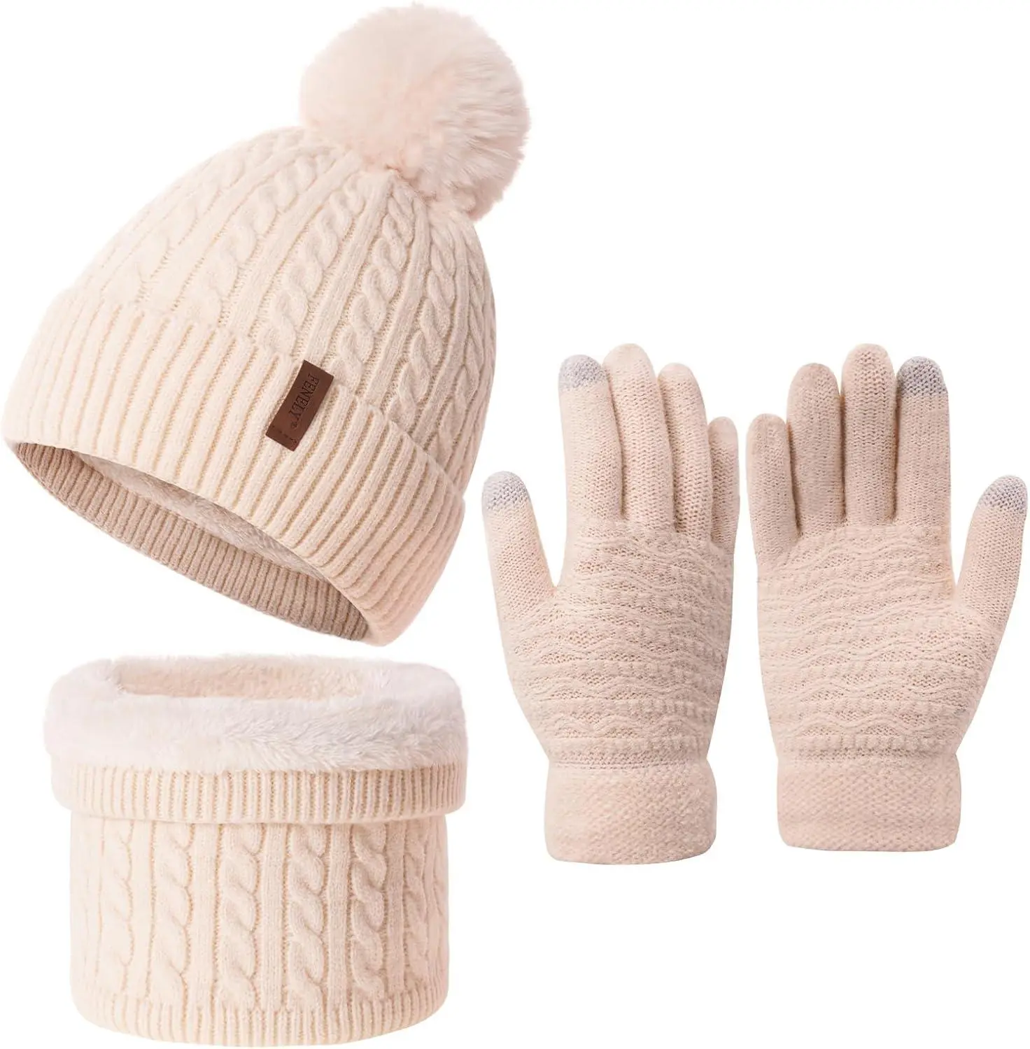 FENELY Winter Women's 3-Piece Set Classic Knit Beanie Hat Scarf & Touchscreen Gloves with Fleece Lining for Warmth and Style