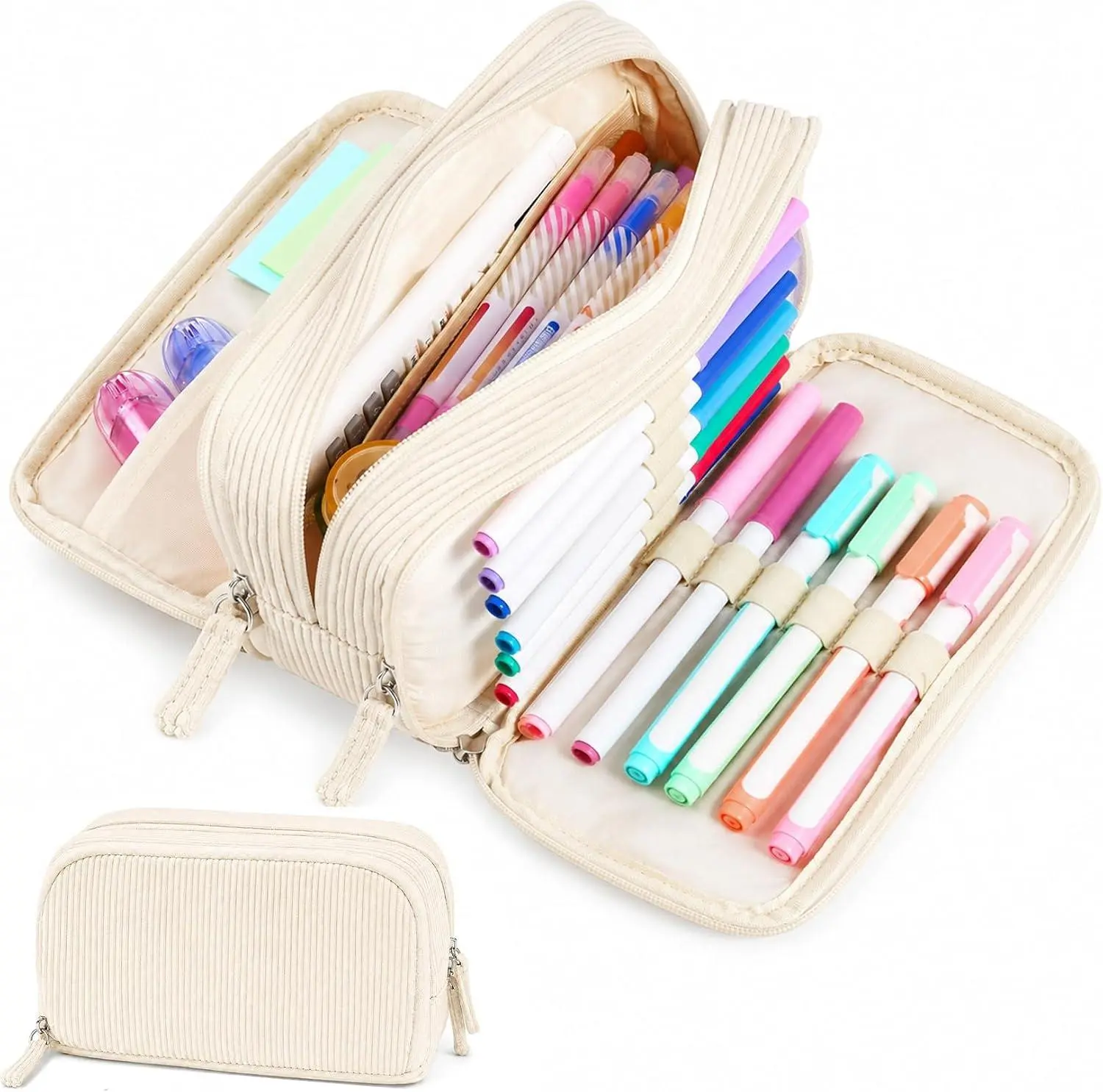 Large Capacity Corduroy Pencil Case with 3 Compartments, Multi-Pocket Pen Organizer Bag for School, College & Office Supplies, Beige Sooez