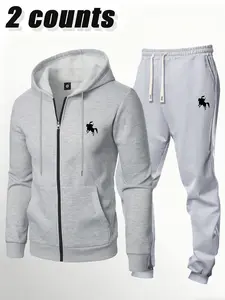 Men's Casual Sports Set with Horse Pattern Print - Spring/Autumn New Arrival, Regular Fit, Elastic Waist Drawstring Pants, Travel & Outdoor Camping Two-Piece Set