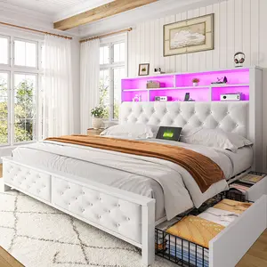 Raybee Luxury Modern LED Bed Frame with Power Stripes, Tufted Velvt Upholstered Full /Queen/King Size Bed Frame with Bookcase Storage Headboard, Heavy Duty Platform Bed Frame Holds 900LBS, NO Noise, No Box Spring Needed, Space Saving Hacks, Beige, Gray