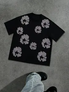 Viral Sparkle Rhinestone Flower Graphic Men Oversized T-Shirt, Black Hotfix Bling Aesthetic Streetwear Tee, Y2K Loose Casual Top, Hip Hop Night Club Party All Match Trendy OOTD #MensFashionTok #RhinestoneFit #StreetStyle #GrungeAesthetic