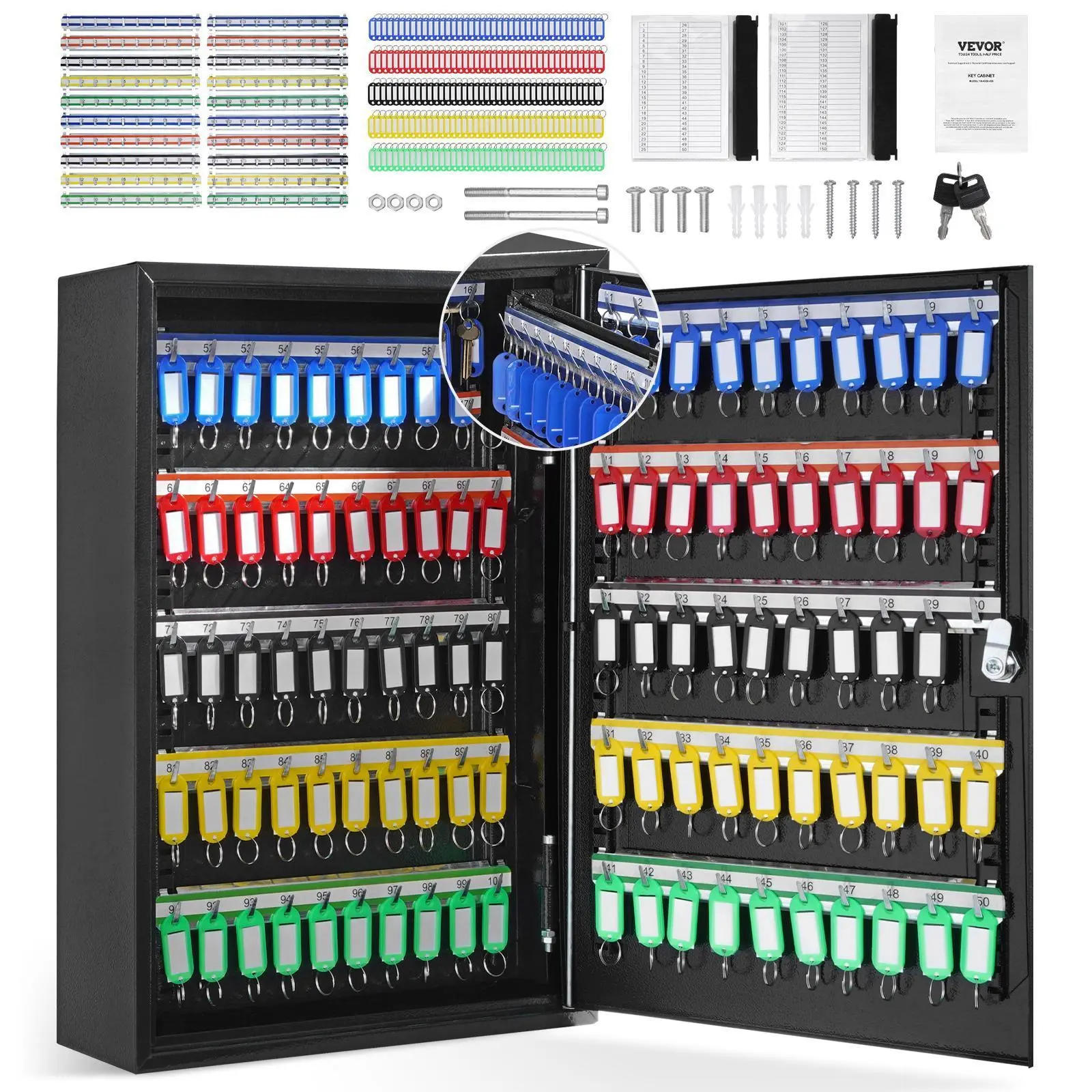 VEVOR 200-Key Cabinet,  , Key Lock Box with Adjustable Racks, Security Key Storage Box Steel, Key Organizer with 200 Colorful Key Tags and 4 Record Cards for School, Office, Hotel#BackToSchool