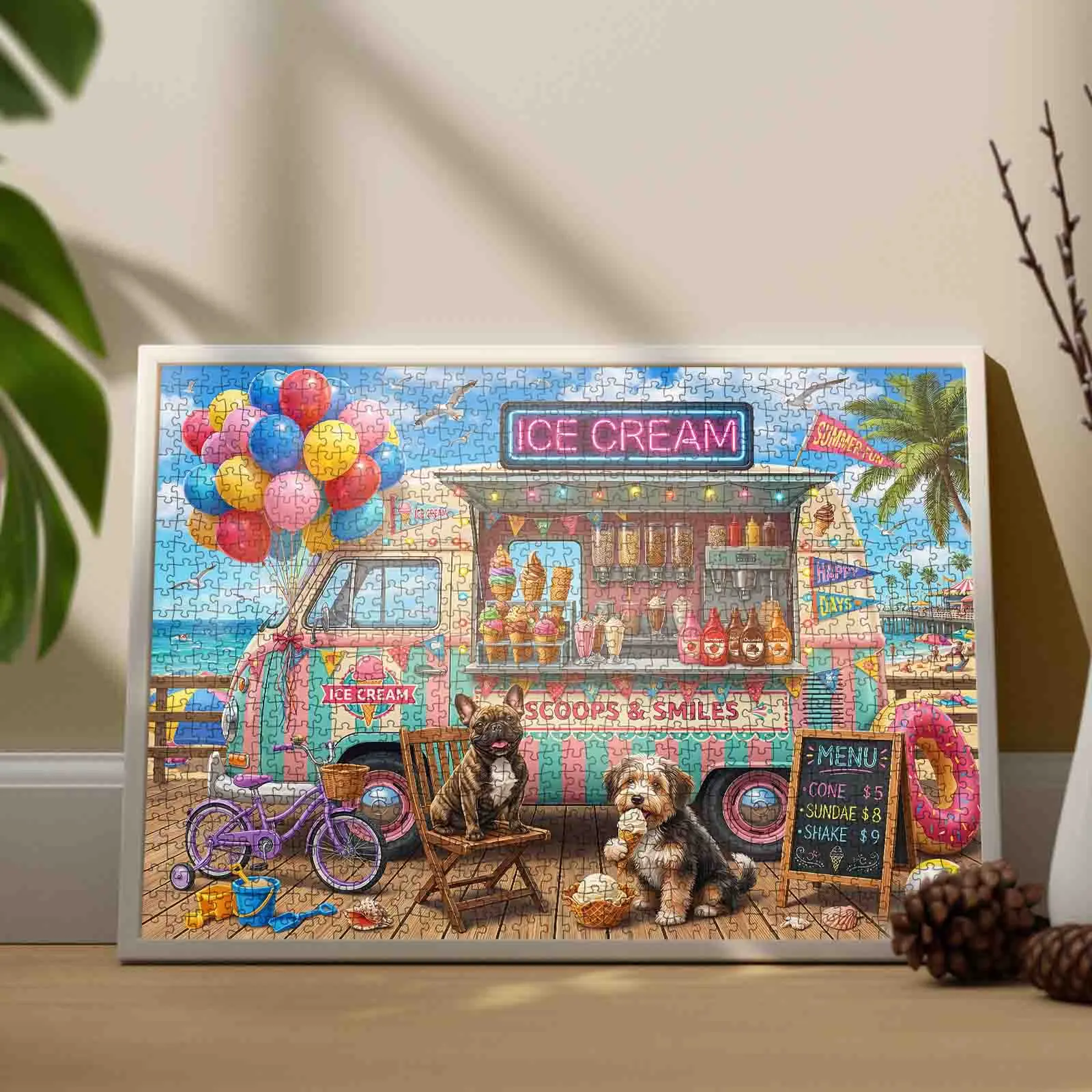 Beach Ice Cream Truck 1000 Pieces Jigsaw Puzzle, Colorful Coastal Ice Cream Van with Cute Dogs Balloons and Summer Boardwalk Artwork, Challenging Brain Game for Adults Family Fun Stress Relief Gift Wall Decor 27.5x20inch 70x50cm
