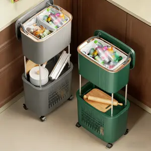 2 Tier Rolling Kitchen Trash Can with Wet & Dry Separation, Sealed Odor-Proof Flip Lid & Storage Basket, Large Capacity Dual Compartment Compost Bin with 360° Wheels for Kitchen Waste Sorting, Utensils & Pantry Organization, Gray/Green