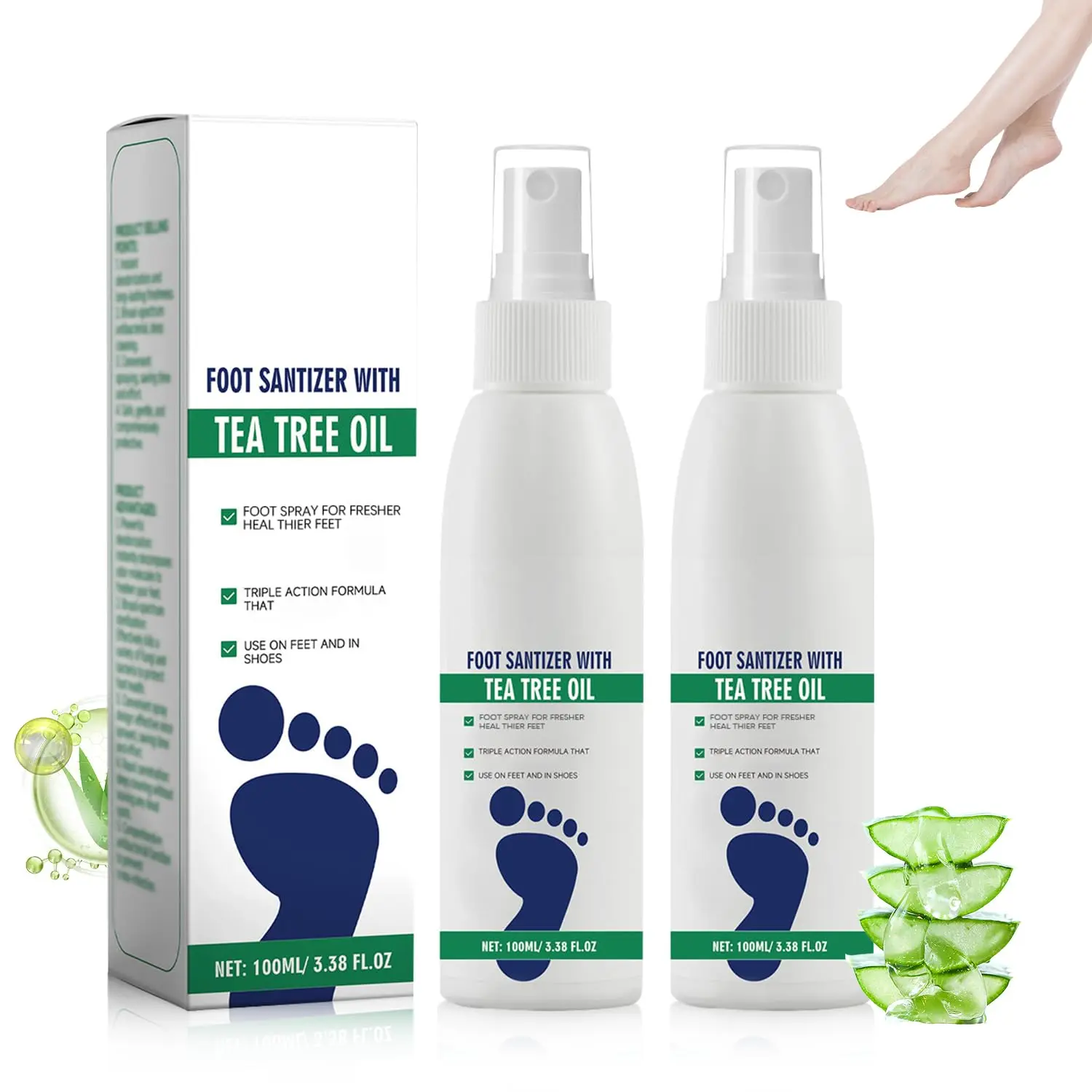 2pcs Vamy Foot Sanitizer Spray with Tea Tree Oil, Tea Tree Oil Feet Spray, Clear Foot Spray, 100ml/3.38fl.oz
