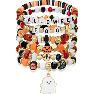 Halloween Bracelet for Women Men Boo Bat Skull Charm Beaded Stackable Stretch Bracelet Halloween Party Jewelry Gifts