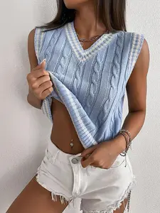 Women's Contrast Binding Sweater Vest, Casual Ramadan V Neck Knit Top For Spring & Fall, Women's Clothes For Daily Wear, Muslim Gift