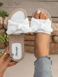 Women's Bowknot Flip Flops Thick Sole Braided Bottom Sandals Summer Outdoor Casual Beach Slippers Footwear For Beach