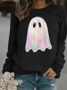 Women's Casual Ghost Pattern Pullover Sweater, Soft Long Sleeve Round Neck Sweatshirt, Comfortable Daily Wear