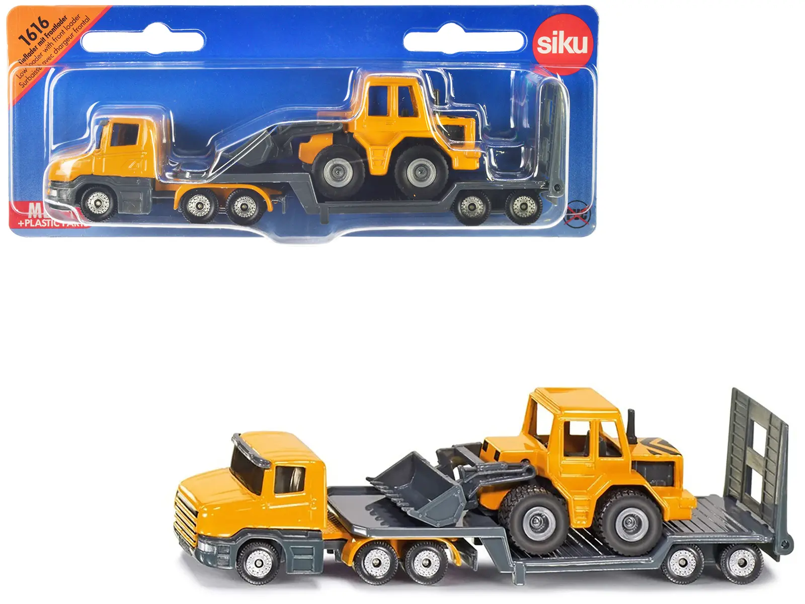 Truck with Low Loader Trailer and Front Loader Yellow Diecast Model by Siku