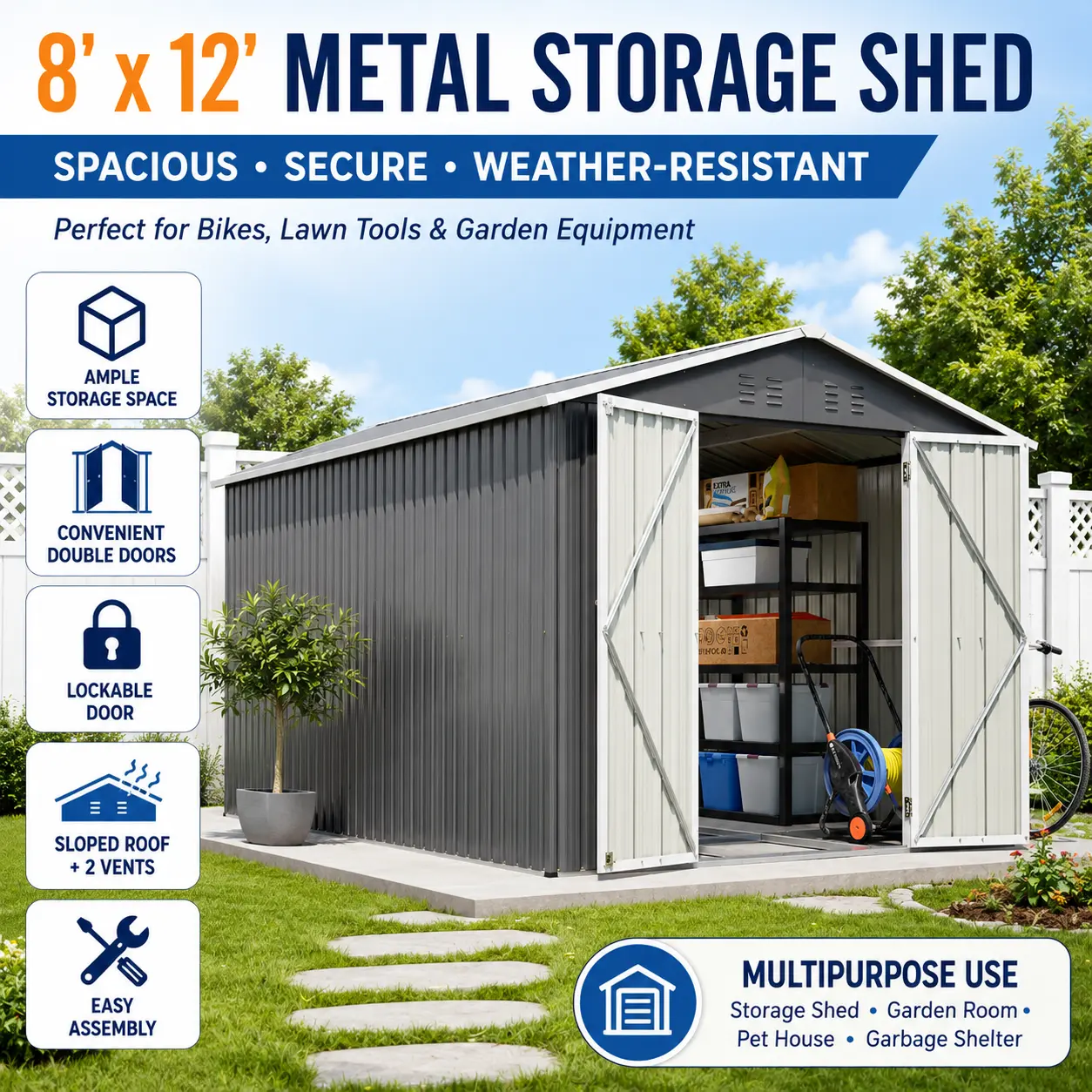 8x12 Outdoor Storage Shed Large Metal Tool Shed Backyard Organizer Aluminium Frame Waterproof Garden Shed with Lockable Double Doors Patio Storage House for Lawn Mowers Bike Equipment and Yard Tools Grey