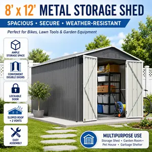 8x12 Outdoor Storage Shed Large Metal Tool Shed Backyard Organizer Aluminium Frame Waterproof Garden Shed with Lockable Double Doors Patio Storage House for Lawn Mowers Bike Equipment and Yard Tools Grey
