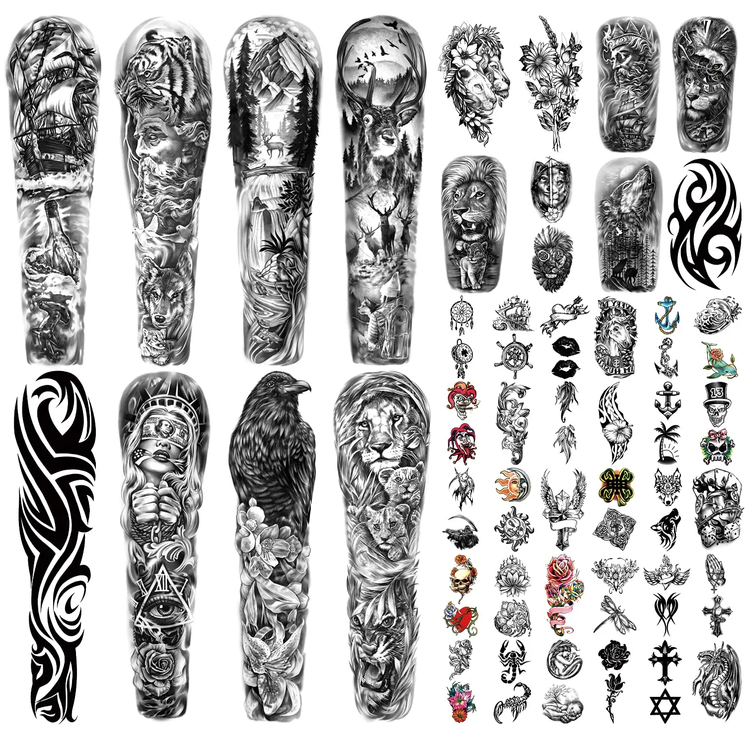 Waterproof Full Arm Sleeve Temporary Tattoos for Adults, 46 Sheets Fake Tattoos with Realistic Lion, Wolf, Eagle, Deer, Flower, Clock, Skeleton Designs for Party, Concert Beauty & Personal Care Body Makeup Accessories, Water Proof