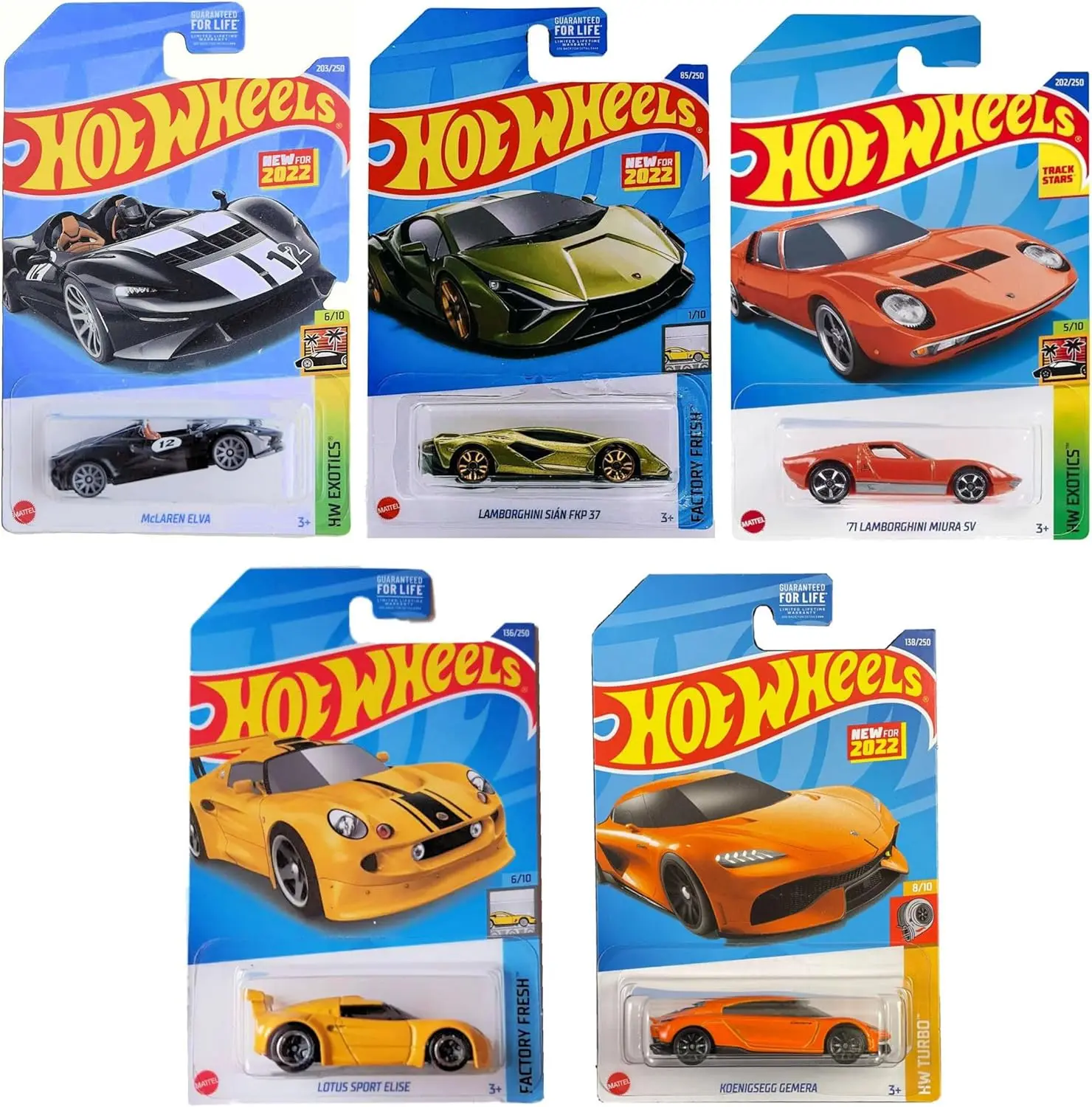 Hot Wheels 2022 Exotics Super Car 5‑Pack – McLaren Elva, ‘71 Lamborghini Miura SV, Sian FKP 37, Lotus Elise & Koenigsegg Gemera | Die-Cast Metal 1:64 Scale | L2593 Limited Edition