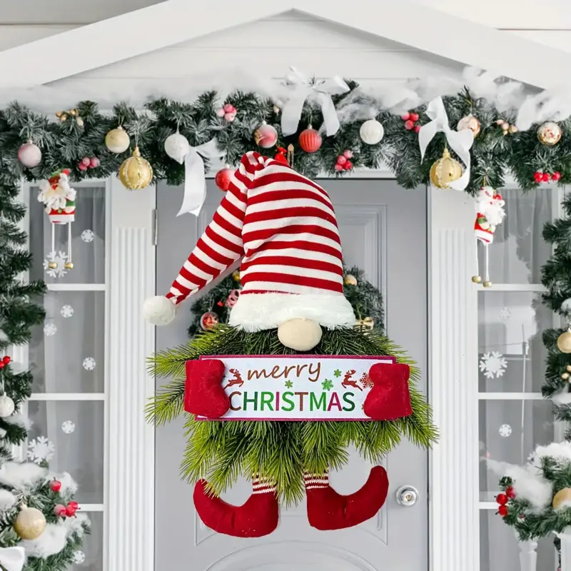 Christmas decoration items, Christmas wreaths, Christmas ornaments, short-legged red and white striped Santa Claus wreaths for wall and door hanging.