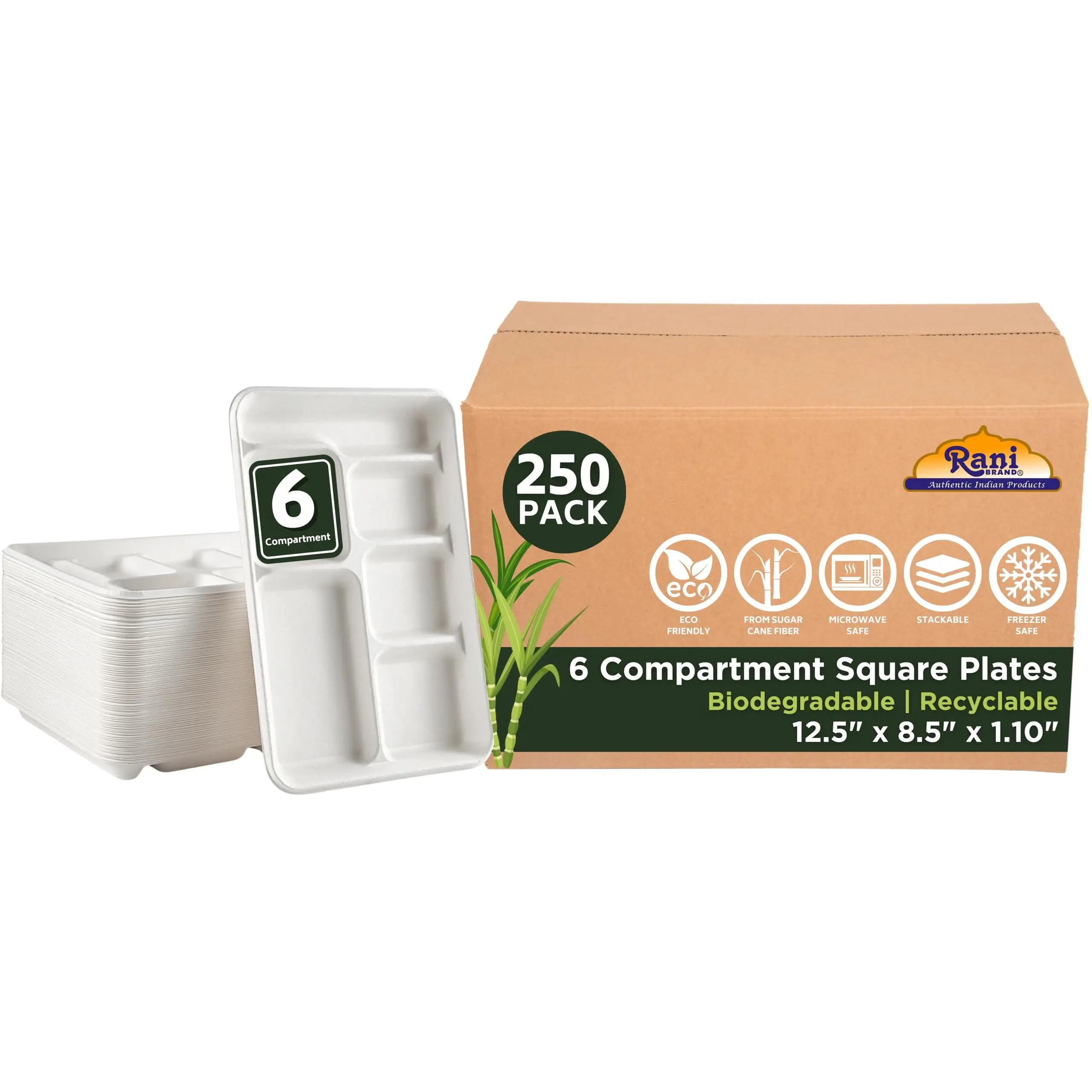 Rani 6 Compartment Square Biodegradable Divided Plates, Pack of 250 ~ Party, Thali, Buffet | Disposable & Eco-Friendly | Heavy-Duty Sturdy Paper Bagasse | Premium Quality | 12.5" x 8.5" x 1.10"