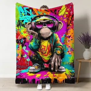 Street Art Cool Monkey Print Flannel Fleece Blanket Soft Warm Throw Blanket Warm Nap Blanket for Home Dorm Travel Camping Teen Gifts cozy lightweight 50"x60"