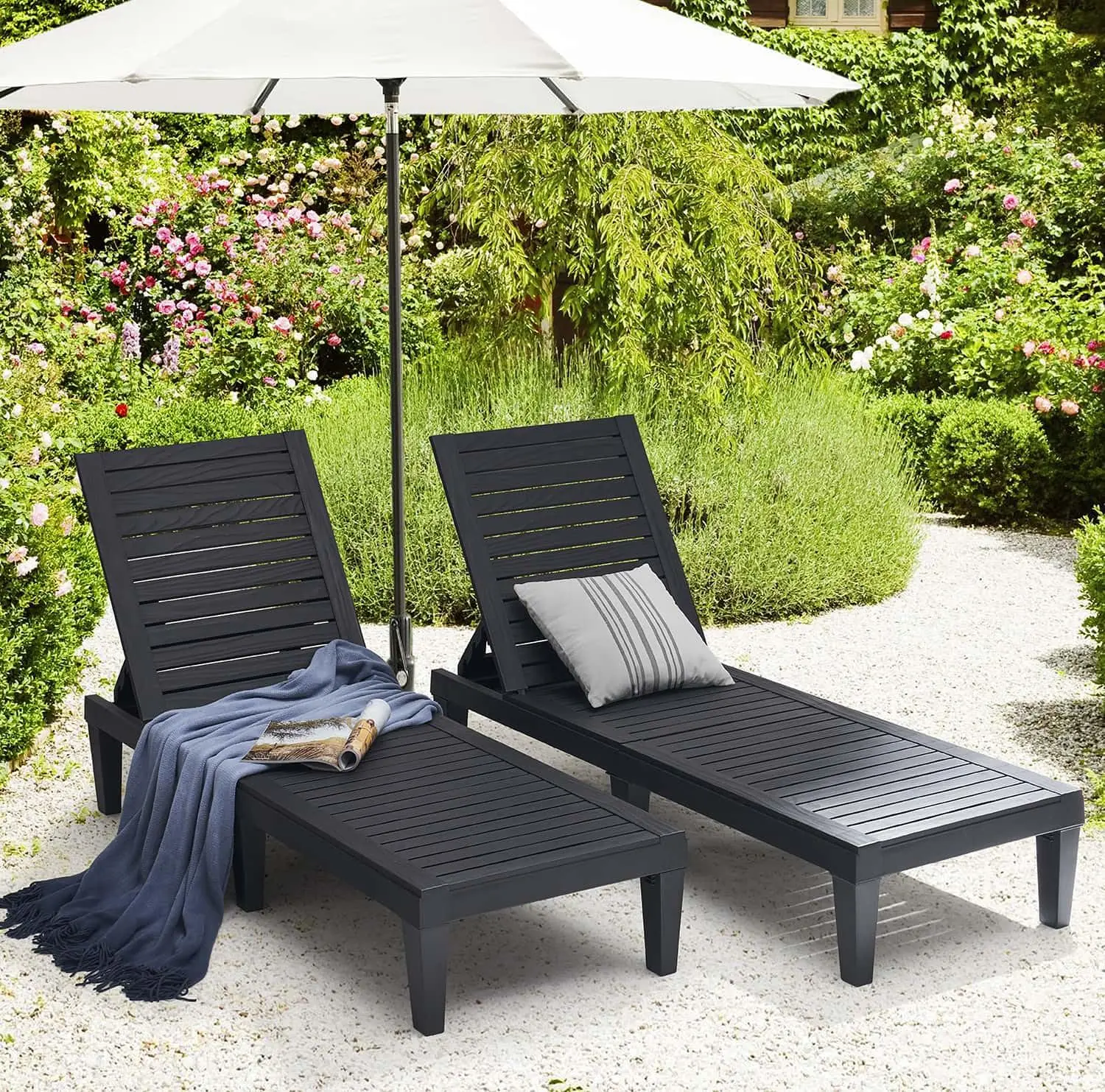 Nestl Patio Chairs - Waterproof Outdoor Chaise Lounge Chair Set of 2 Lightweight Black Adjustable Lawn Chairs