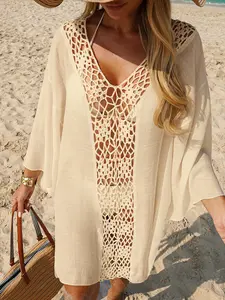 Pure Color Hand Hook Patchwork Sun Protection Cover Up Dress, Loose Casual Mid-Length Long Sleeve Dress, Women's Fashion Clothing, Crochet Cover Up