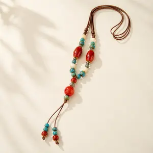Ethnic Style Ceramic Pendant Necklace, Vintage Boho Statement Necklace for Women, Unique Handmade-Inspired Jewelry for Daily Wear & Gifts Decor Hanging Ornaments Hangable Decoration