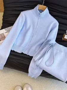 Women's Fall Winter Casual Knit Set, Zipper Front Short Crop Cardigan & Elastic Waist Wide Leg Pants, Two-Piece