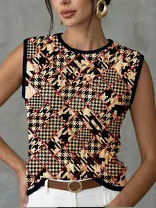 Women's Elegant Geometric Patchwork Quilted Knit Vest, Round Neck Sleeveless Sweater for Spring Summer Fall, Casual Breathable Top