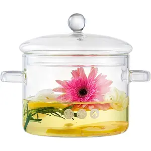 64oz/1900ml Clear Glass Simmer Pot for Cooking on Stove with Lid, Heat-Resistant Borosilicate Glass Saucepan For Pasta, Soup, Baby Food & Potpourri,Anti-Scald Handles,Stovetop Safe Cookware