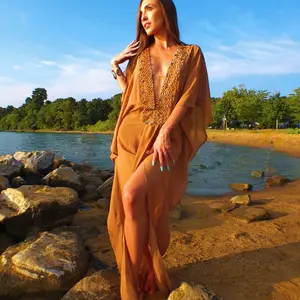 Stephanie Hand-Beaded Caramel Chiffon Kaftan Resort Wear Beach Cover Up