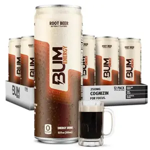 BUM Sugar-Free Drink, Root Beer - Lightly Carbonated & No Artificial Colors, Natural Caffeine & Citicoline for & Focus, Brain Boost & Workout Sports Beverage - 12 oz, Pack of 12