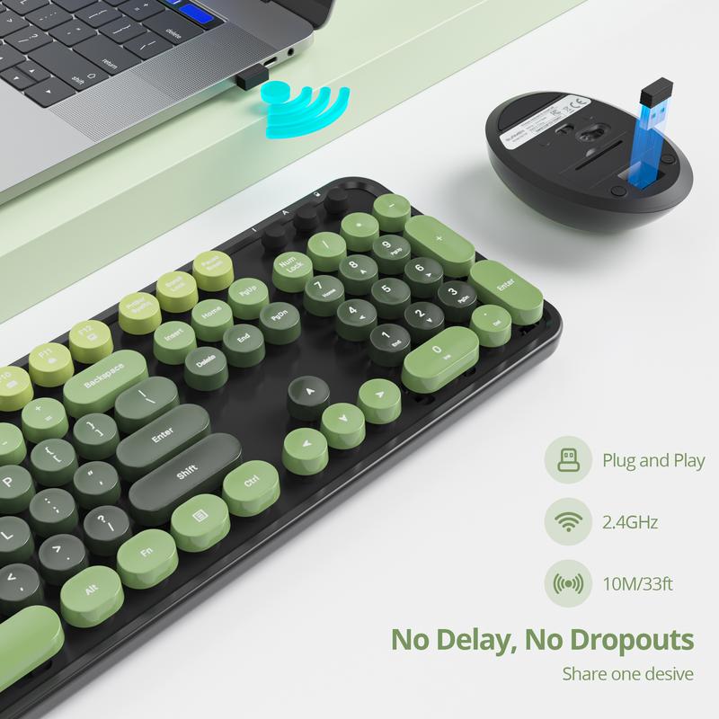 Wireless Keyboard and Mouse Combo, Cute Keyboard and Mouse, Full Size Typewriter Keyboard with Number Pad, Retro Round Keycaps, USB 2.4GHz Connection for Windows PC Laptop