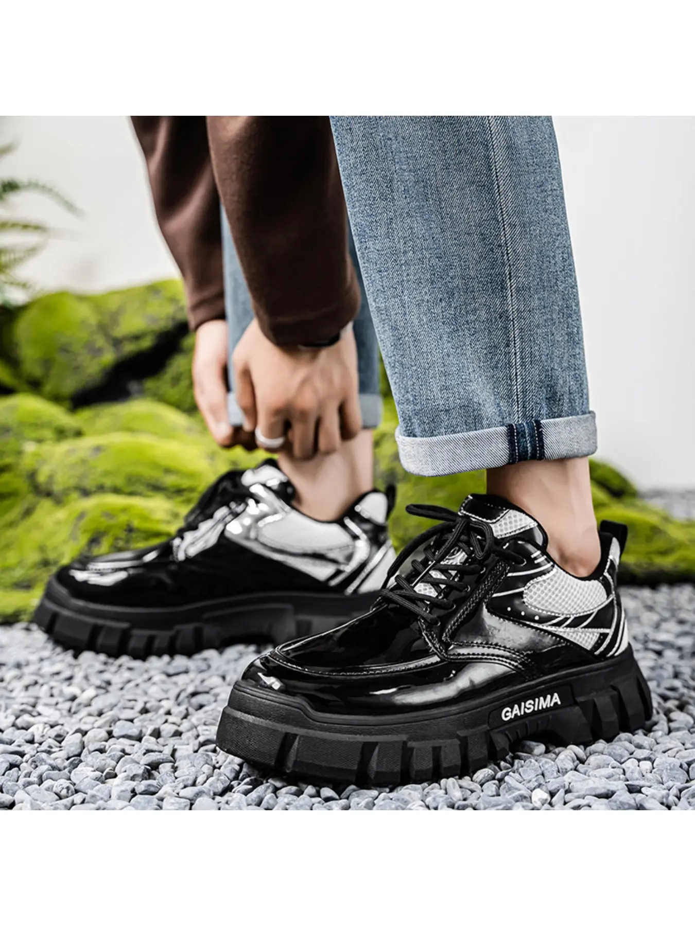 Men's Techwear Style Chunky Platform Derby Shoes | Glossy Patent Leather Finish, Non-Slip Track-Style Outsole, Streetwear Essential, Sports Shoes, Perfect Birthday Surprise for Him, Top Father's Day Gift