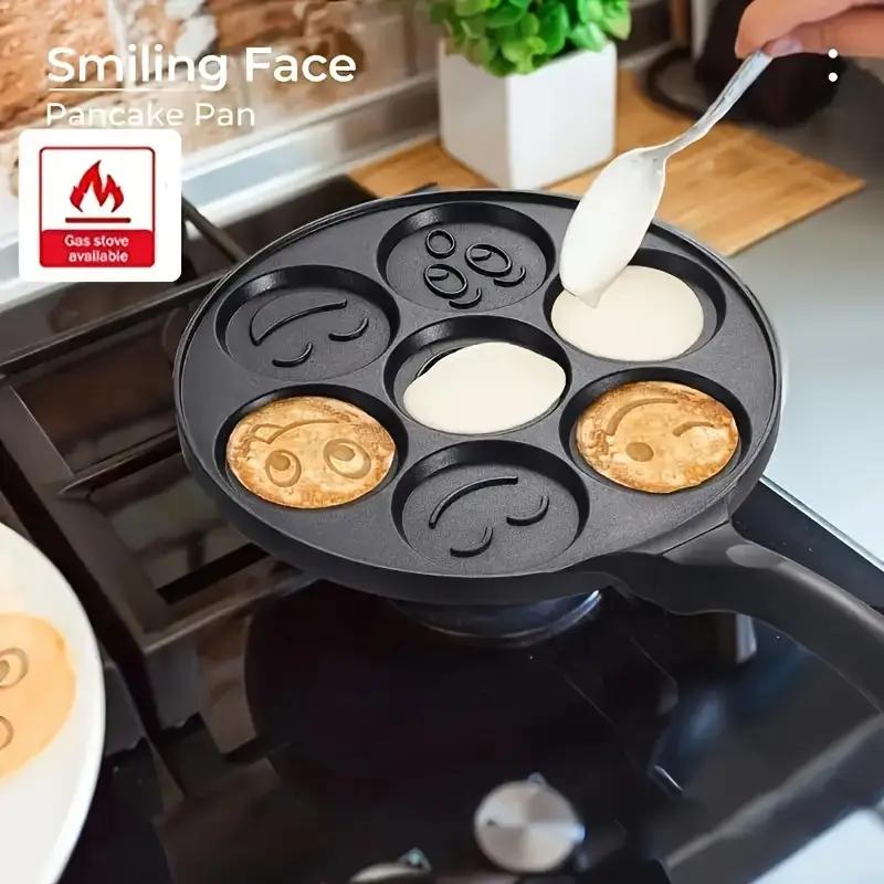 7-hole Non-stick Pancake Pan Egg Frying Pan Mini Detachable Handle Pancake Skillet Non-stick Aluminum Material 7 Unique Smiley Face Designs Easy to Clean Perfect for Kids' Breakfast Smiley Face Egg Pan with Cool-touch Handle