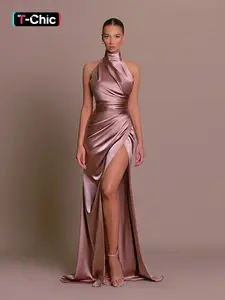 Women's Solid Plicated Wrap Halter Neck Satin High Waist Slim Fit Bodycon Dress, Summer Clothes Women, Womenswear, Elegant Slit Hem Sleeveless Maxi Party Formal Wear Evening Gown, Ladies Summer Clothes, Going Out Dresses, Formal Elegant Fashion