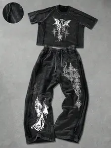 Men's Street Style Cotton Short Sleeve T-Shirt & Wide Leg Pants Set, Casual Y2K Fashion, Daily Wear, Holiday Gift, Sportswear