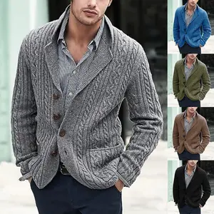 Men's Knitted Cardigan Fall Winter Fashion Casual Men's Cardigan Long Sleeve Lapel Pocket Twist