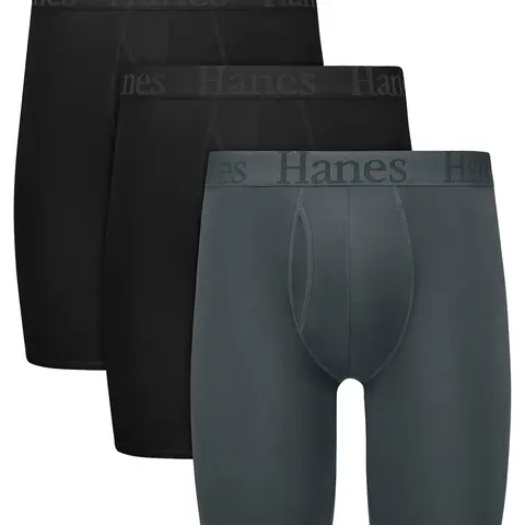 Hanes Originals Men's SuperSoft Long Leg Boxer Brief Underwear, Total Support Pouch, Assorted, 3-Pack
