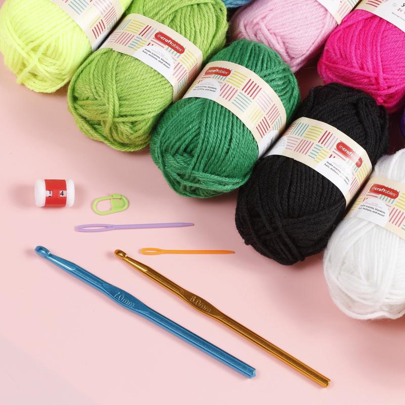 Incraftables Assorted Acrylic Yarn Skeins Set. Crochet Yarn Set w/ 18pcs Skein Bundle (22 Yards), Crochet Hooks, Needles, Stitch Markers & Bag. Yarn Variety Pack Kit for Amigurumi & Crocheting Project