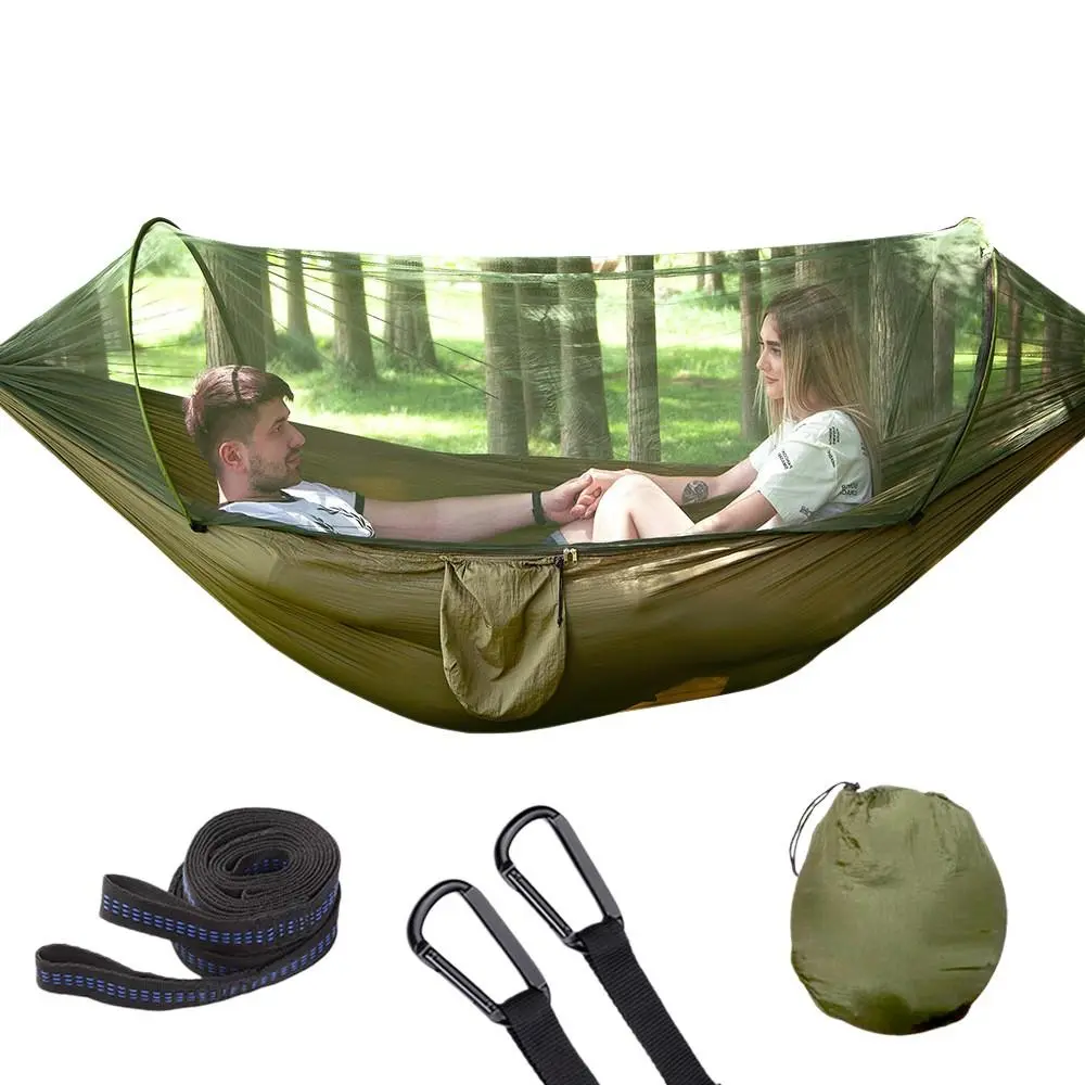 Quick-Set Mosquito Net Hammock, Outdoor Single/double Nylon Camping Hammock, Breathable Anti-Mosquito, Anti-Slip, Includes Accessories， Includes 2 Tie Straps, 2 Steel Carabiners, and a Storage Bag, Hammock With Mosquito Net